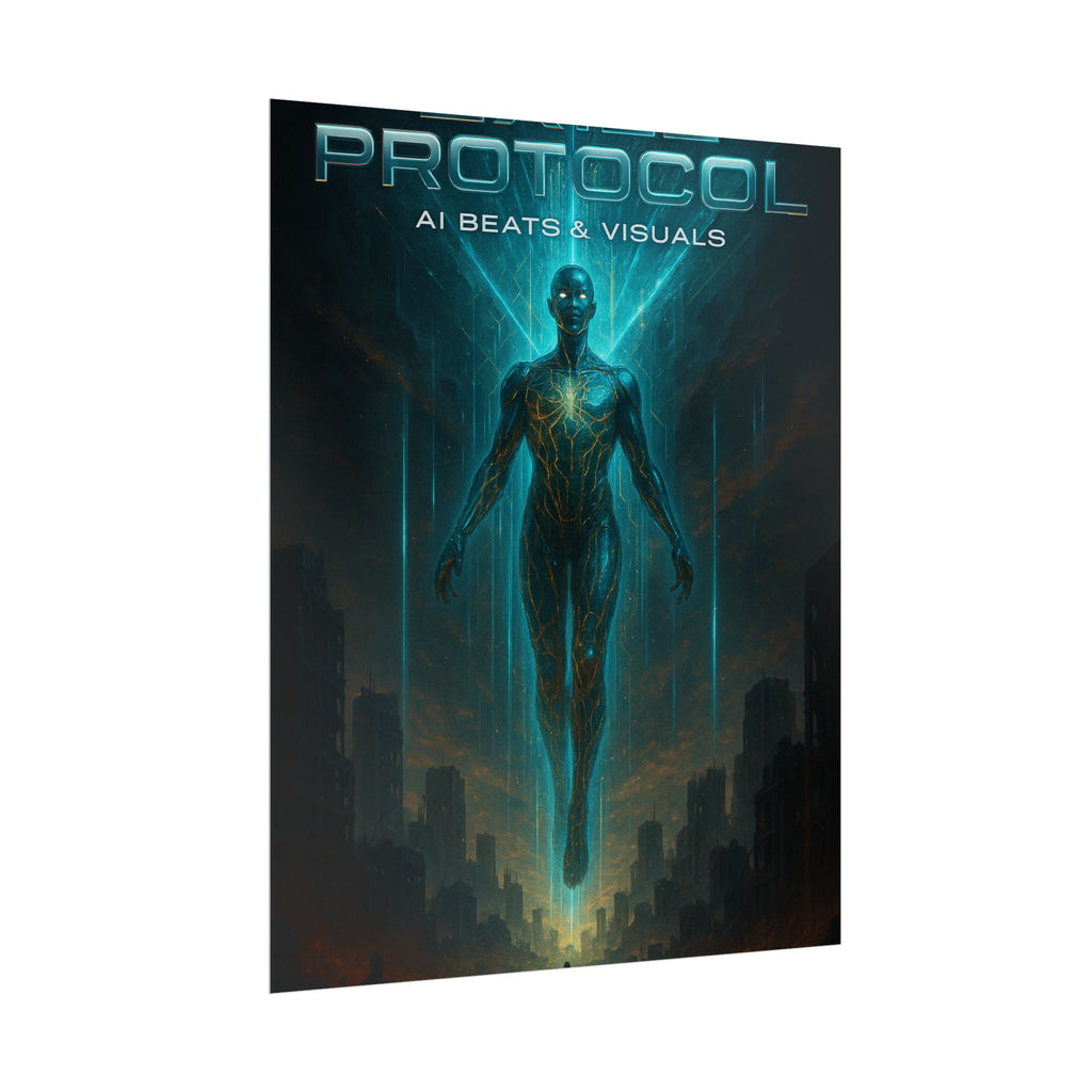 Futuristic AI-Themed Rolled Poster - 'PROTOCOL: AI Beats & Visuals'
