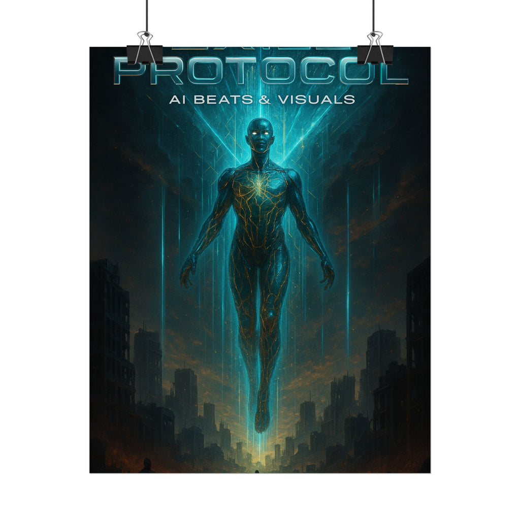 Futuristic AI-Themed Rolled Poster - 'PROTOCOL: AI Beats & Visuals'